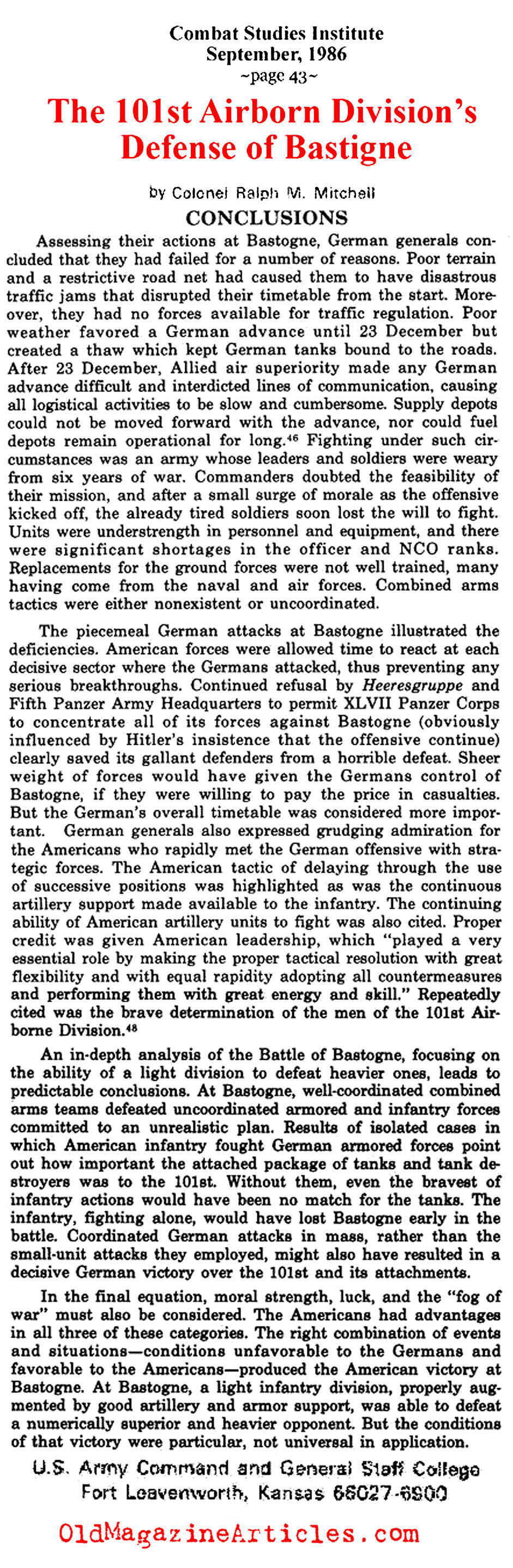 The Defense of Bastogne (Combat Studies Group, 1986)